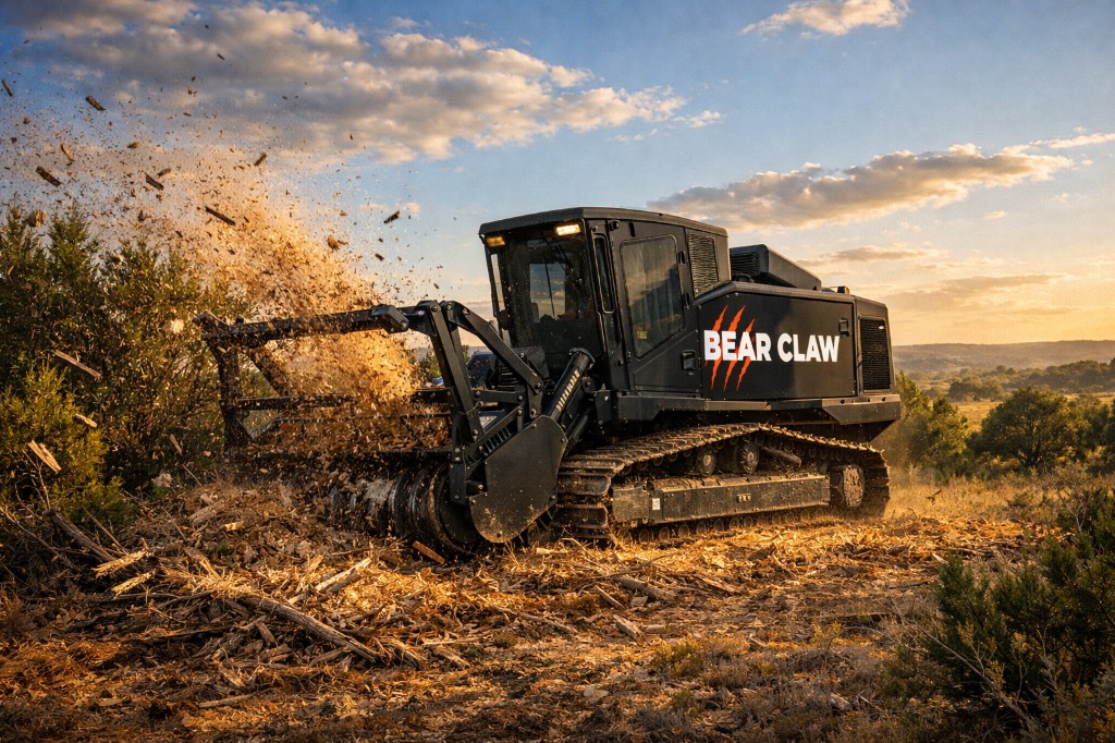 Bear Claw forestry mulcher clearing land at sunset